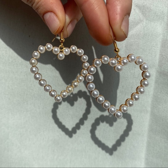 White & Gold Heart Shape Outline Drop Earrings - Picture 1 of 6